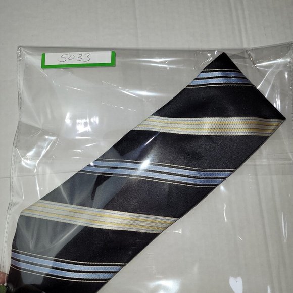 Via Vai Tie Men Silk Necktie Hand Made in Italy Black Blue/Yelllow Stripes - Picture 8 of 8